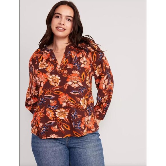Old Navy Split Neck Blouse Top Women Plus 3X Orange Brown Floral Peasant Cottage - Picture 1 of 8